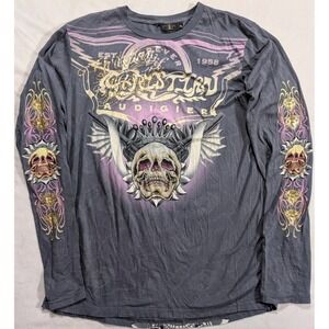 VTG Y2K Christian Audigier Long Sleeve Shirt Skull Crown AOP Gray Rhinestones XL